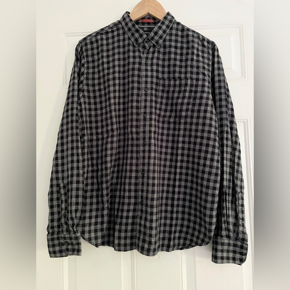 Denim & Flower Button Up Shirt Mens Sz L Slim Fit Gray Black Plaid Long Sleeve
